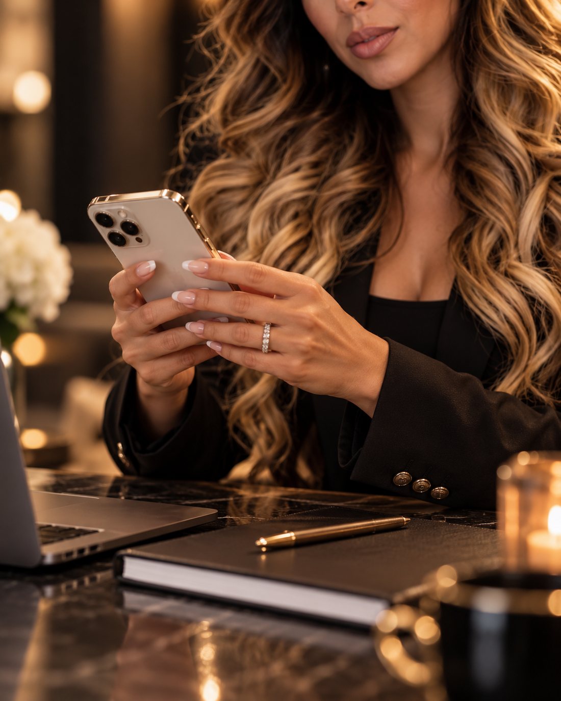 Mayra Bennett holding a phone at her desk